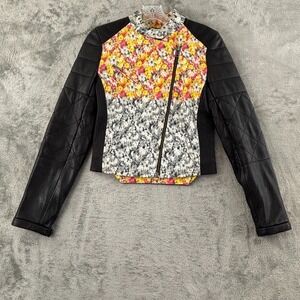 Yigal Azrouel Floral Fabric Leather Moto Jacket Womens 0 Black‎ Lambskin Zipper